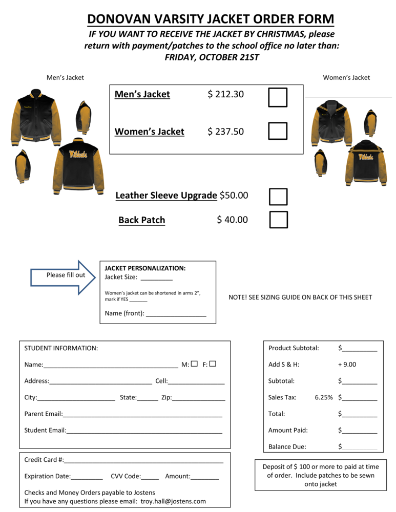 Varsity jacket order form