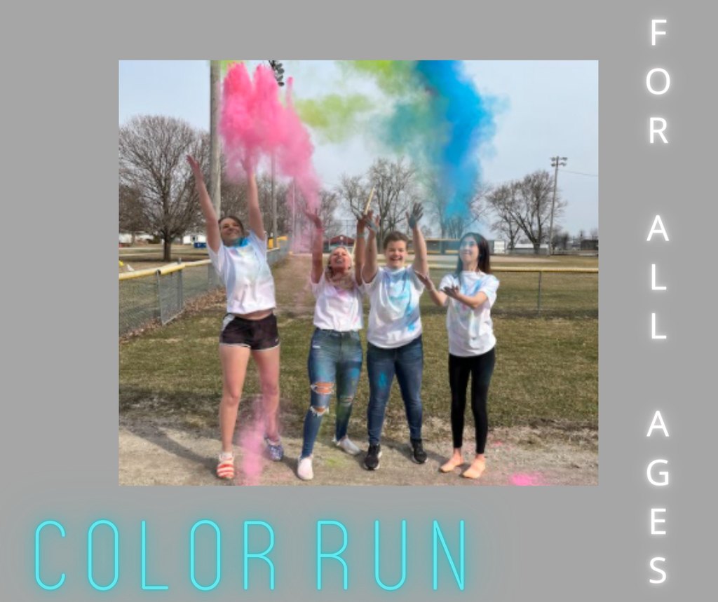 4 students throwing colorful powder for fun run in the air. Text reads: Fun for all ages, color run